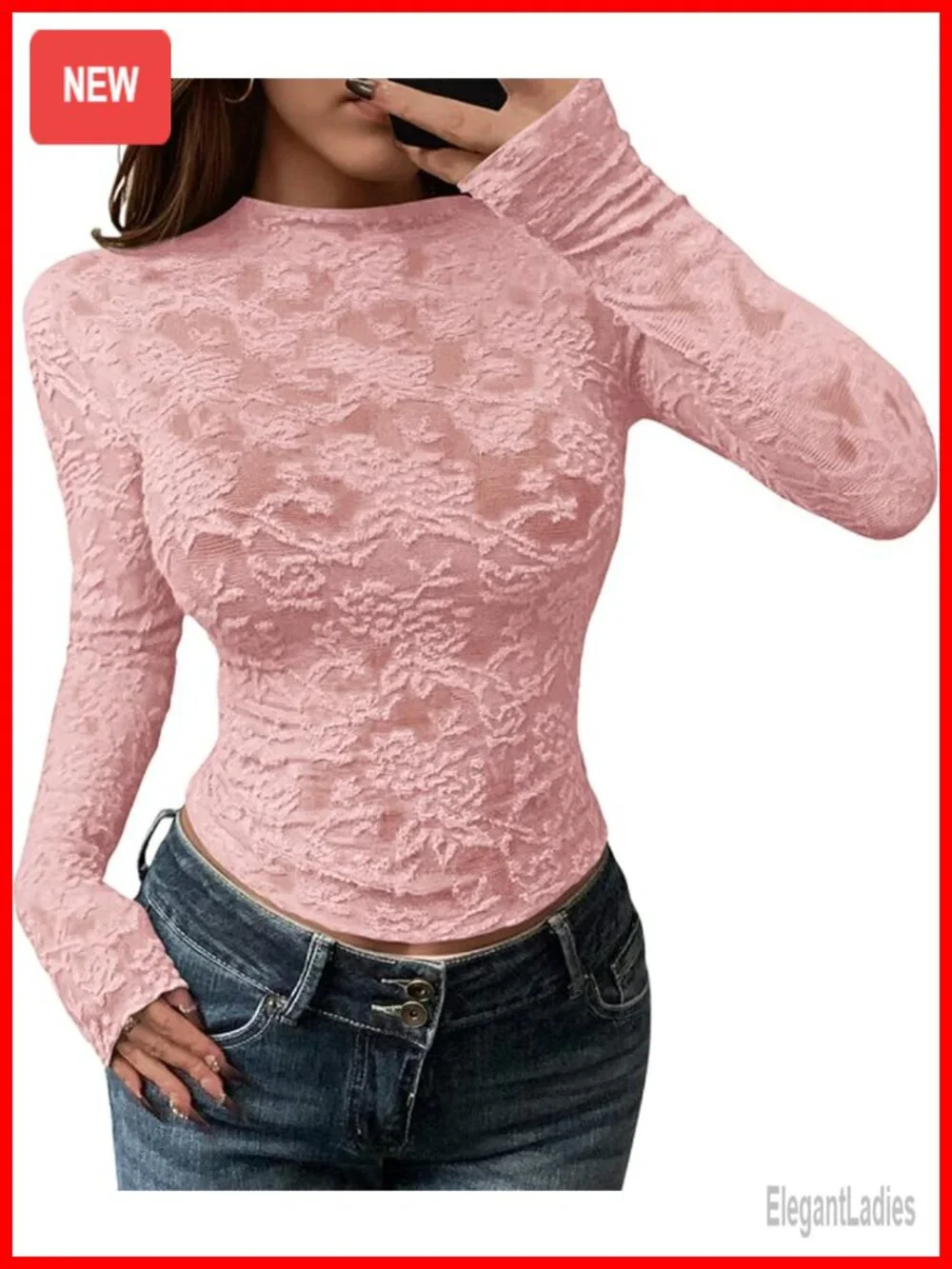 Mesh Long Sleeve Top Sheer See Through Crew Neck Lace Floral
